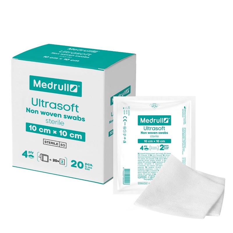 Medrull Sterile Ultra Soft Non-Woven Dressings, 4-Ply 10 x 10 cm, Pack of 2, 20 Paper Bags (Pack of 40)